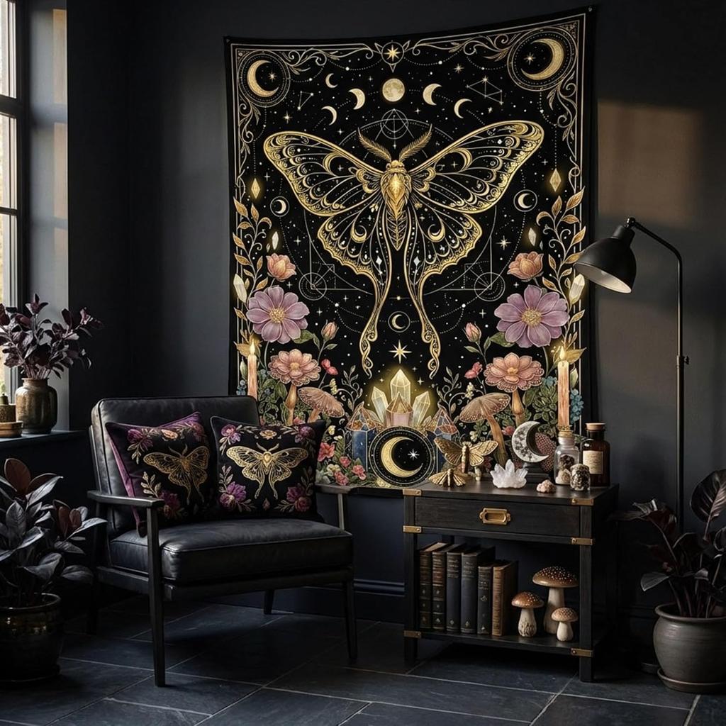 Bohemian Moon Moth Tapestry, Mystical Luna Moth with Floral Accents & Crystals, Wall Art for Celestial & Whimsical Rooms