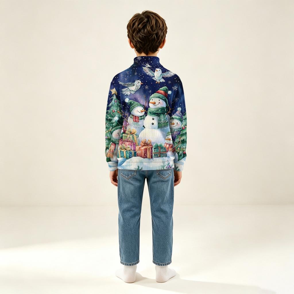 Children's Fashion - Quarter Zip-up Thick Needle Christmas Print Top