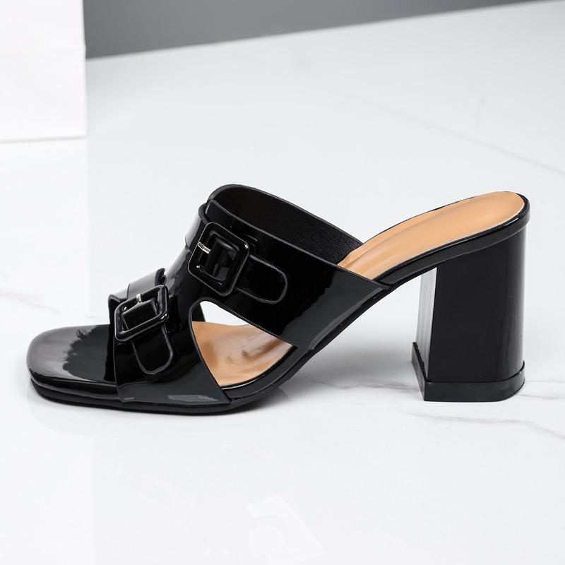 Fashion Summer High Heel Pu Leather Women's Slippers Thick Heel Sandals Casual Sequined Large Size Open Toe Women's Shoes Slippers