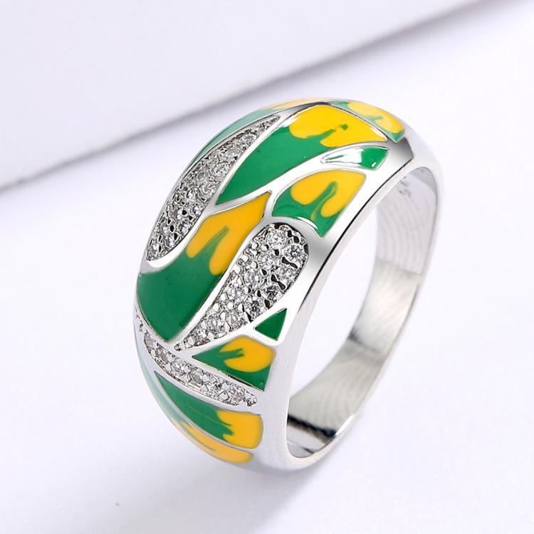 Elegant Green Forest Enamel Zircon Ring - European Pastoral Style Wedding Jewelry