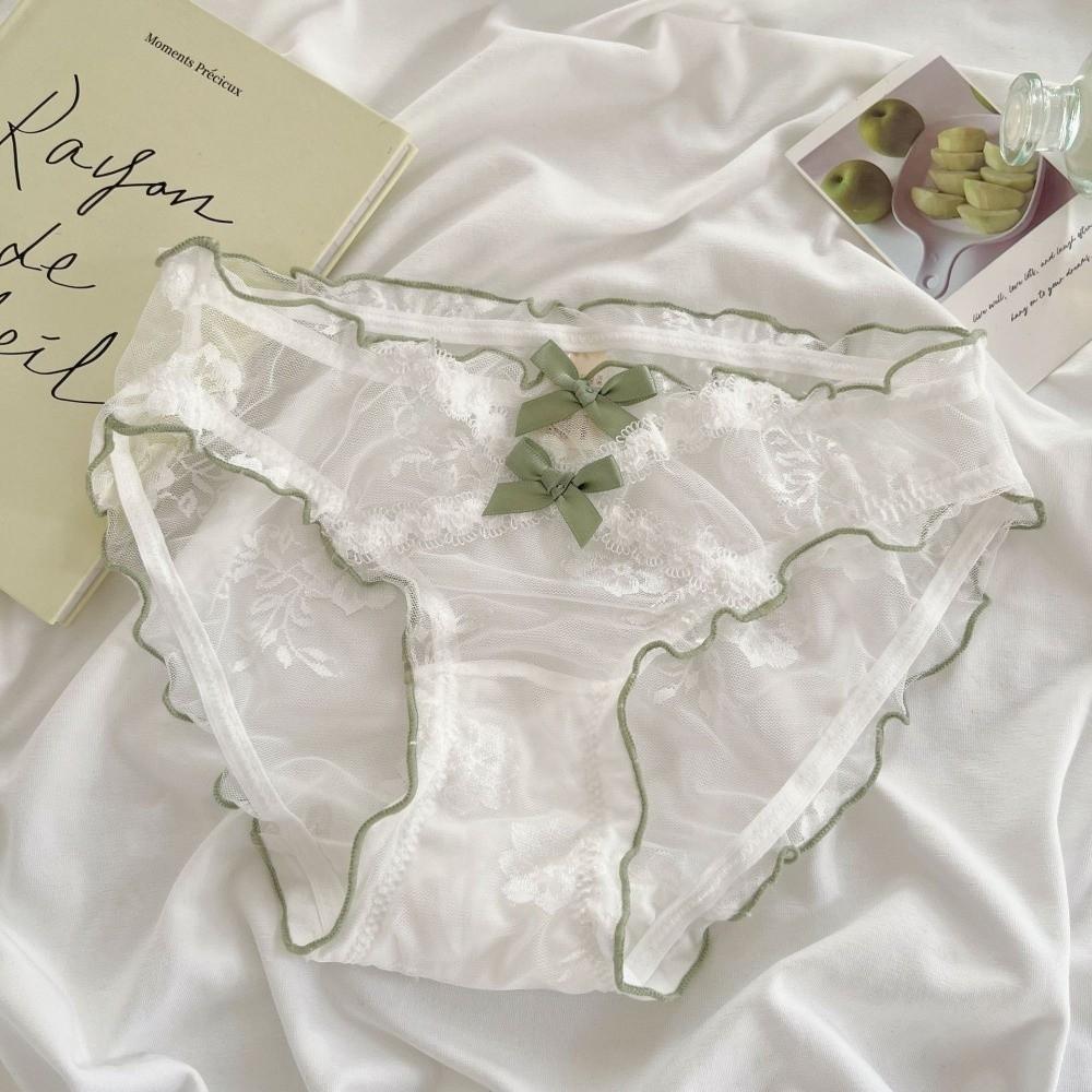 Sweet Low Waist Lace Panties Transparent Cotton Crotch Mesh Flower Briefs Bow Lingerie Underwear for Women Girl