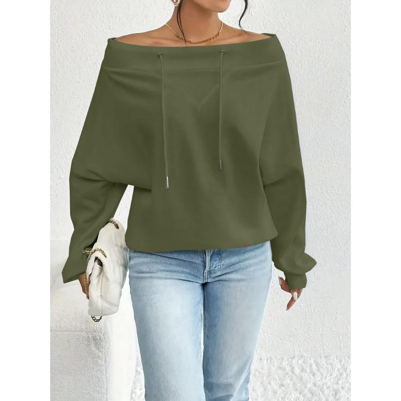 DAFIFY Women's Fashion Casual Spring Autumn Solid Color Print Long Sleeve One Shoulder Blouses & Shirts
