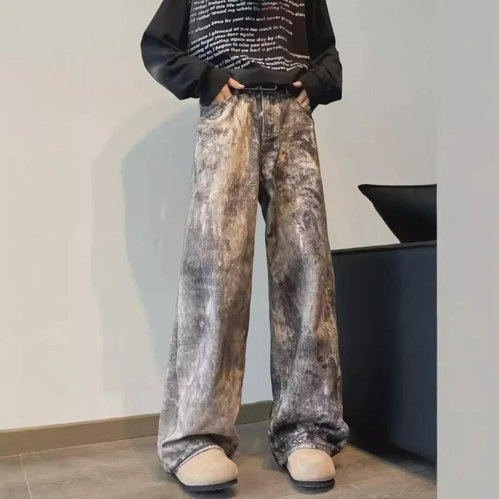 Unisex Hüftjeans mit weitem Bein, 3D-Camouflage und Tintenklecks-Print