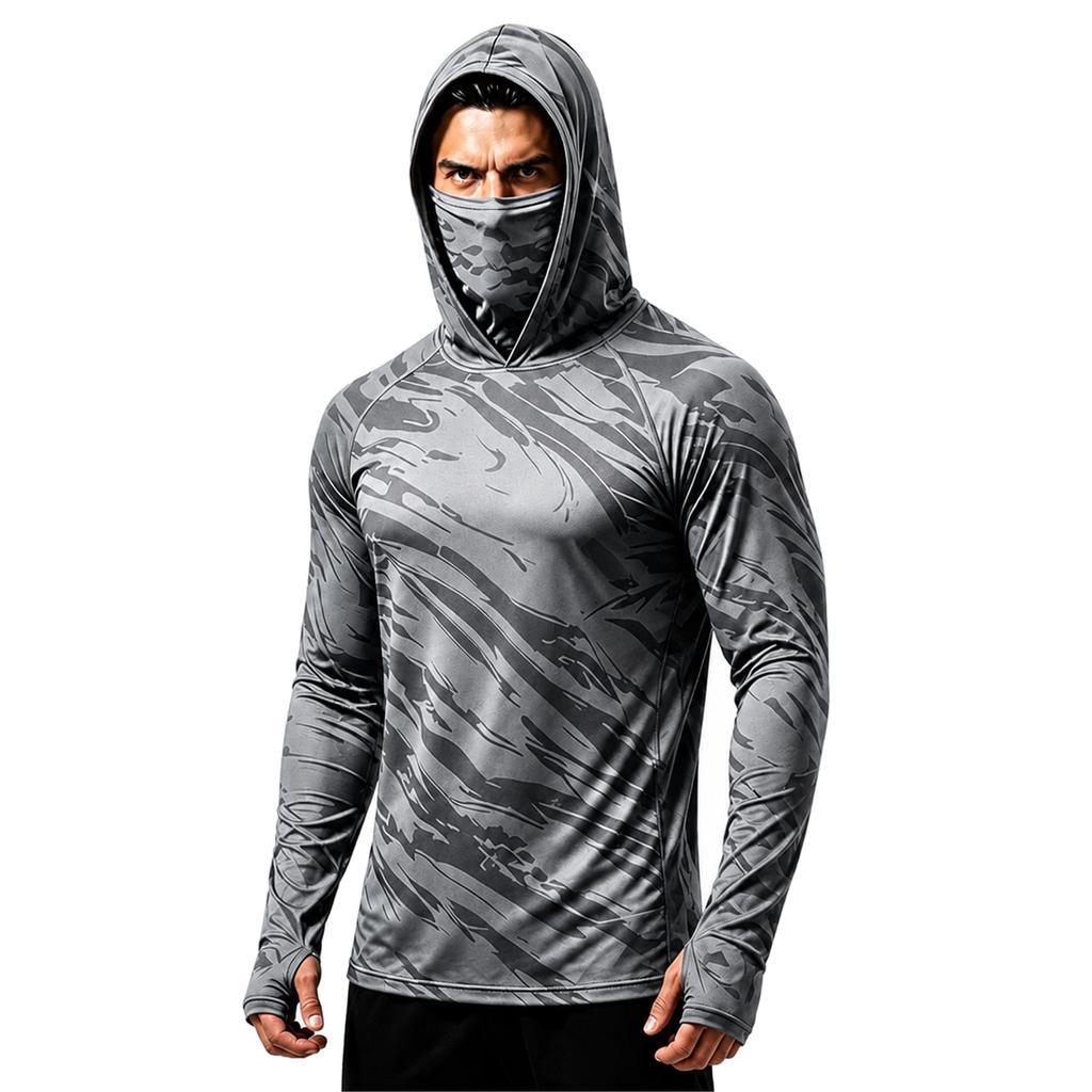 Men's Sports Fishing Hoodie with Built-in Face Long Sleeve Printed Stretch Running Training Shirt