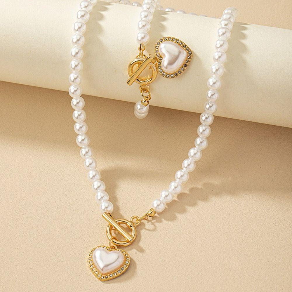 Exquisite Heart Pendant Jewelry Set Crystal Pearl Necklace Set Sweet Necklace Bracelet Set  Women