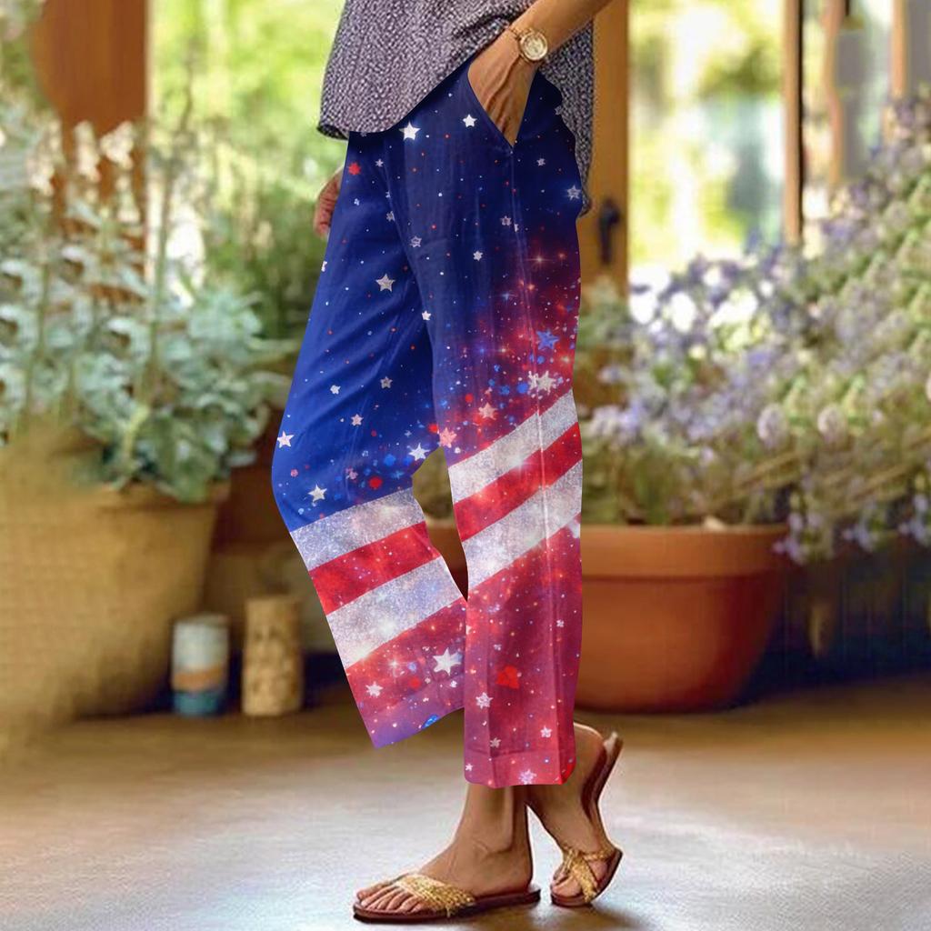 Dámské ležérní módní potištěné kalhoty s rovnými nohavicemi s kapsami