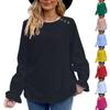Women's Fashion Round Neck Long Sleeve Shirt Solid Color Button Loose Top