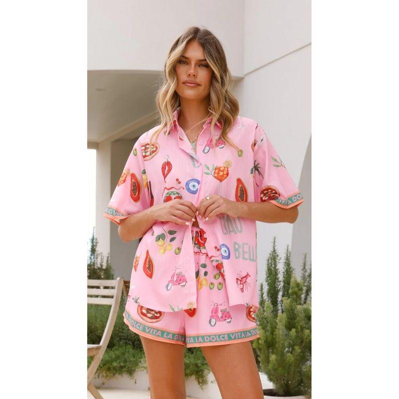 

European and American New Fashion Print Casual All-matching Shirt Cardigan Shorts Set Pink S