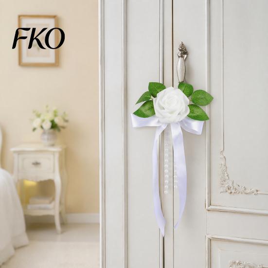 Easy Install Wedding Car Kit Artificial White Rose Decoration, Door Handle & Rearview Mirror Flower Bouquet Weather Resistant Flowers with Satin