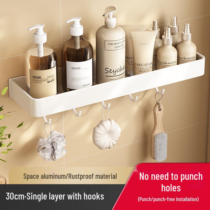 White No-Drill Wall-Mounted Bathroom Organizer and Vanity Shelf