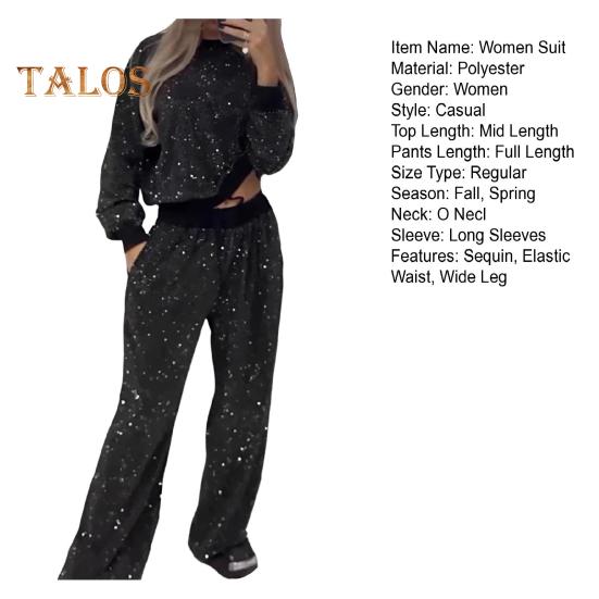 2 Pcs/Set Women Top Pants Suit Sequin Round Neck Long Sleeves with Elastic Cuffs Elastic High Waist Wide Leg Trousers Set Daily Casual Commuting
