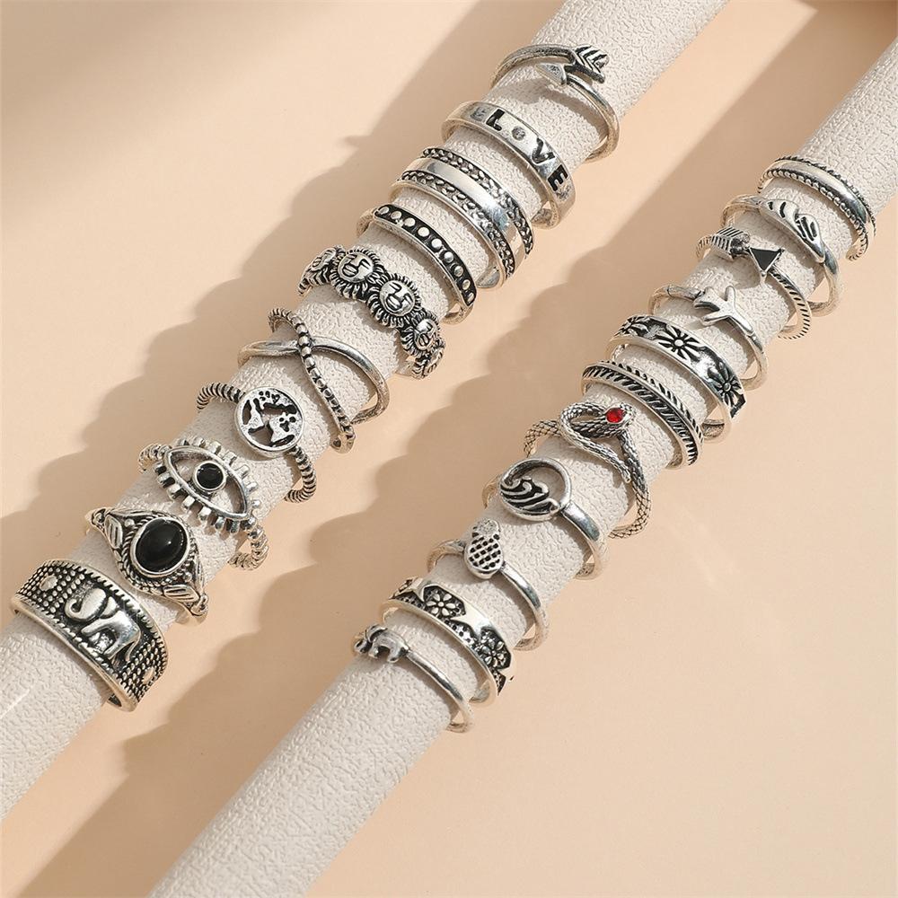 21Pcs/set Silver Color Punk Gothic Eye Butterfly Snake Elephant Rings Set For Women Men Vintage Geometric Finger Rings Jewelry