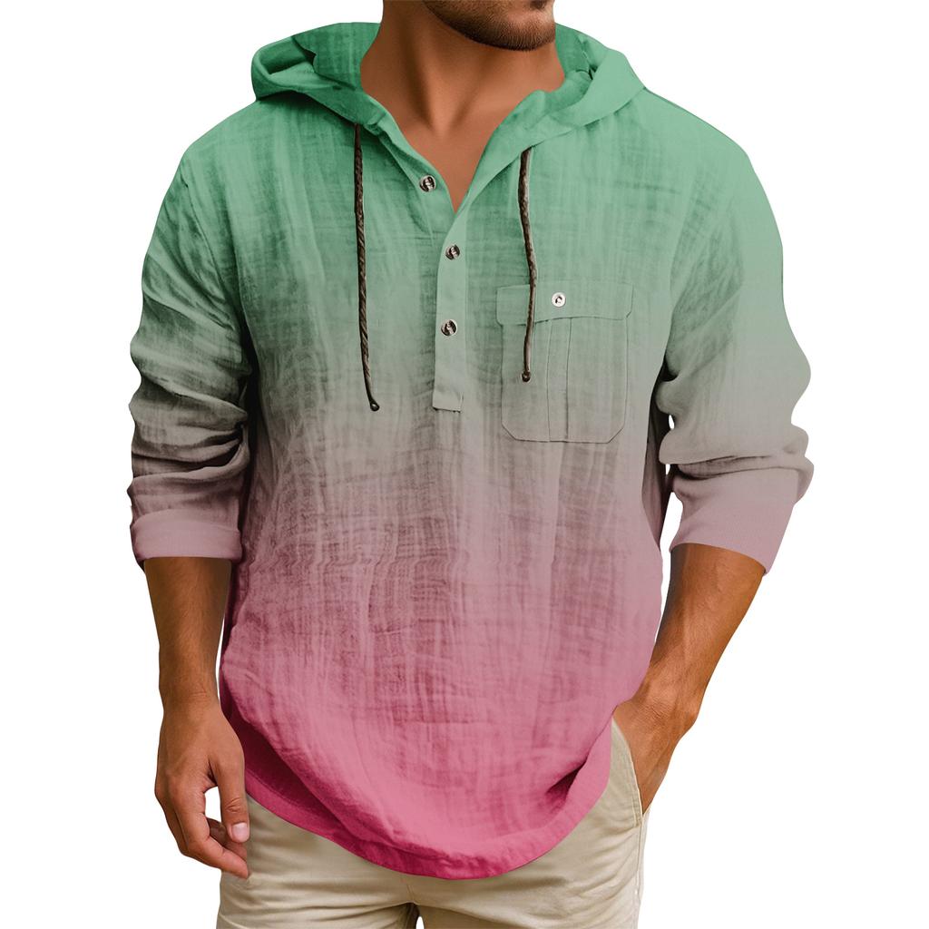 Men's Hooded T-shirt Gradient Color Cotton And Linen Men's Casual Long-sleeved Top