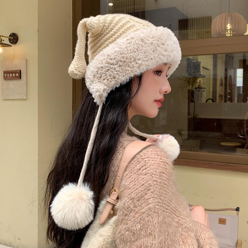 New Autumn and Winter Hats for Women Cute Funny Ear Knitted Wool Hats for Winter Warmth and Cold Hair Ball Ear Protection Hat Thick