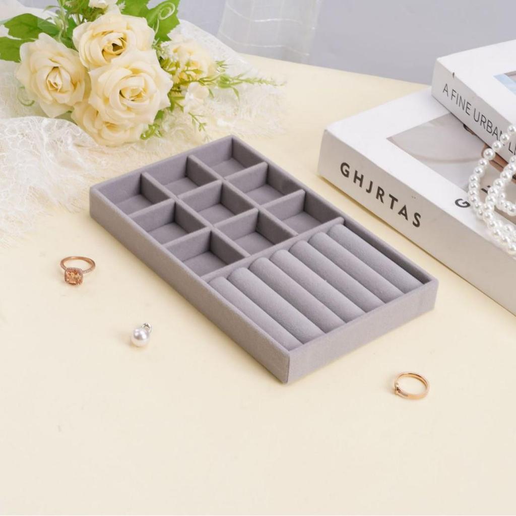 Velvet Jewelry Box with Drawer: Grey Multifunctional Tray for Necklaces & Rings