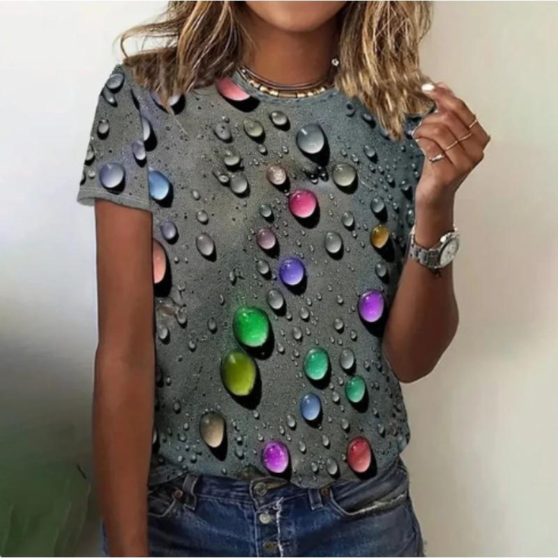 Summer New Women's Loose Shirt, Water Drop Pattern Printing Round Neck Short Sleeves