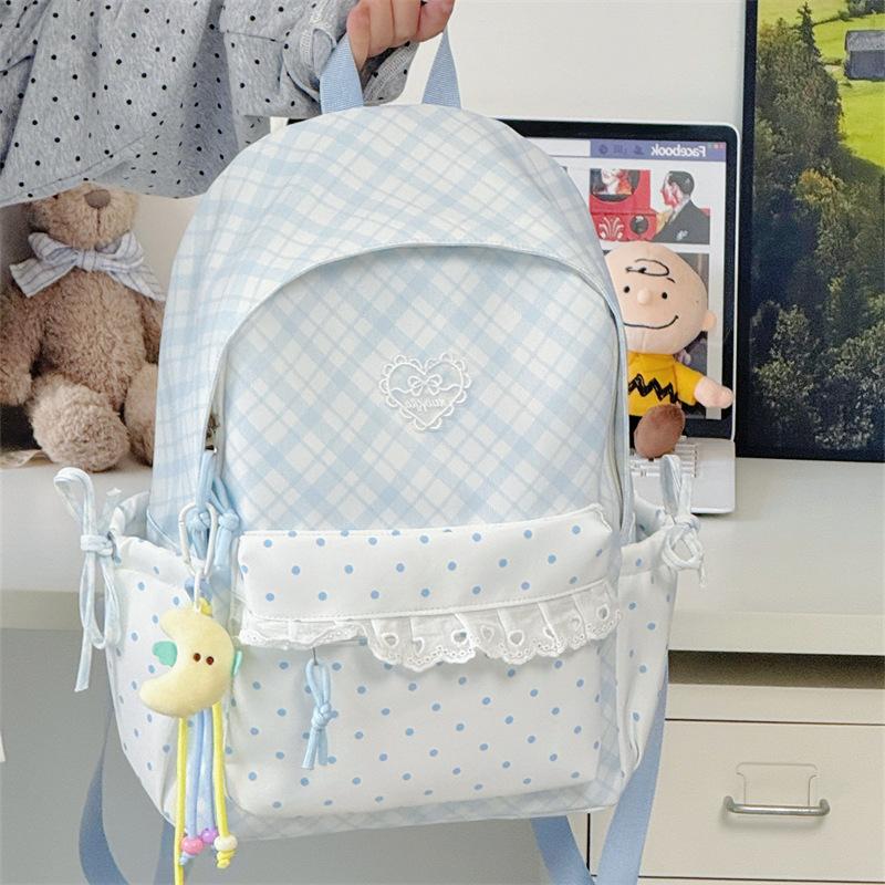 Schoolbag Sea Salt Blue and White Plaid Splicing Lace Backpack Sweet Junior High School Schoolbag Women Travel Small Backpack