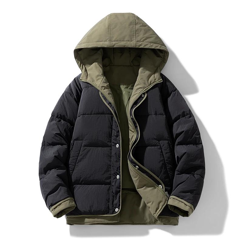 Herren Fake Zweiteiler Parkas Herren Lässiger Lockerer Kapuzenmantel Herren Dicke Baumwollgepolsterte Jacke Herren Patchwork Parka Streetwear Oberbekleidung