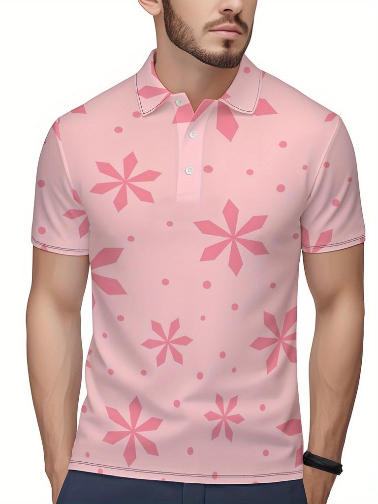 Men's Short-Sleeve Polo Shirt with Lapel Collar & Button Placket - Full-Body Christmas Print Button-Front Suitable for Dates, Beach Vacations, Machine