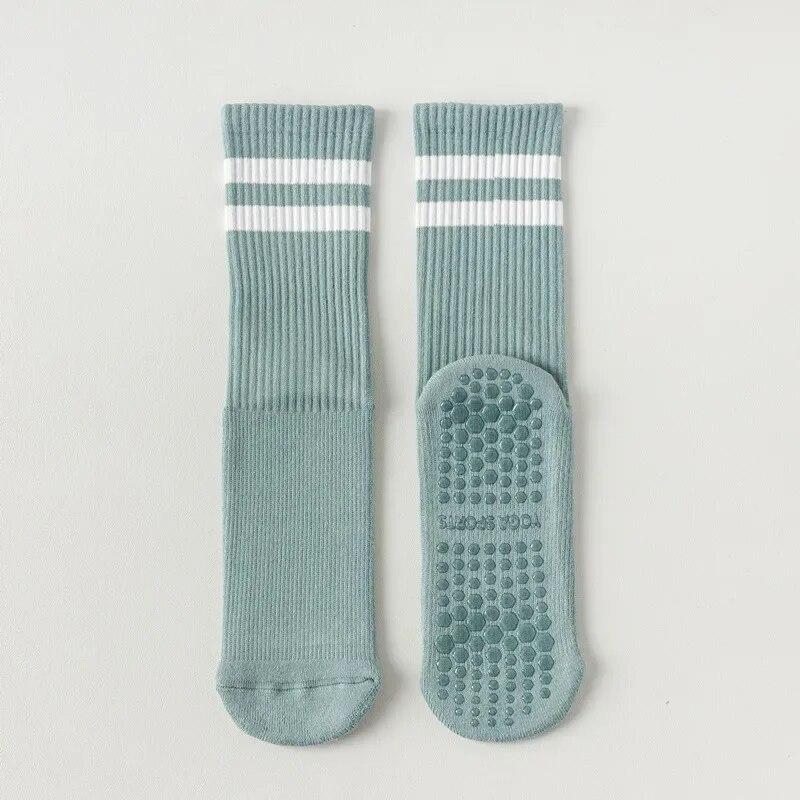 Macaron Striped Simple Cotton Mid-calf Women Yoga Socks Bottom Silicone Non-slip Sports Socks Indoor Dance Fitness Pilates Socks