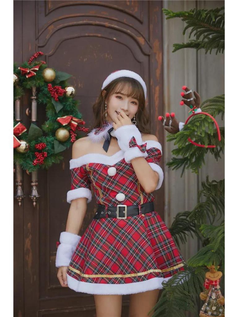 Dámské vánoční šaty s jedním ramenem a kostkovaným vzorem s páskem, japonsko-korejský styl, pasová nadýchaná sukně