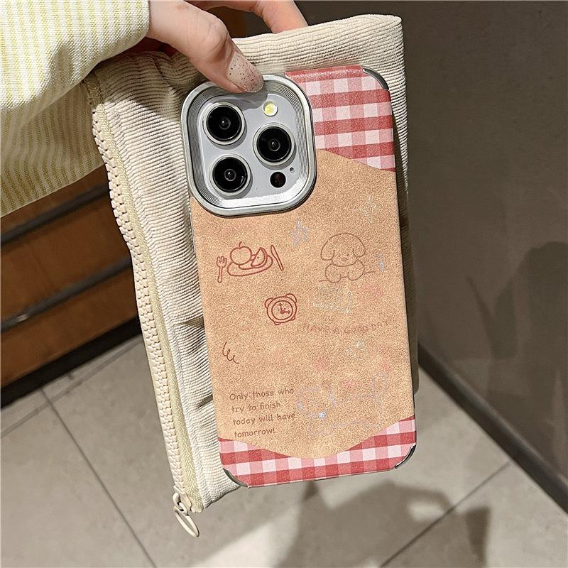 Autumn and Winter Brown Retro Splicing Plaid Puppy Suitable for Apple 16 Mobile Phone Case IPhone15ProMax14