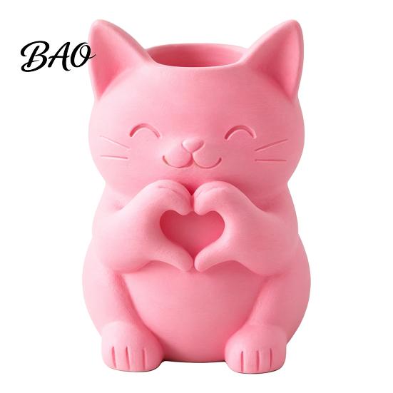Cute Bedroom Nightstand Decor 3D Printed Cat Vase, Smiling with Heart?Hand Gesture Flower Holder, Multi Purpose Desk Accessories Animal Shaped