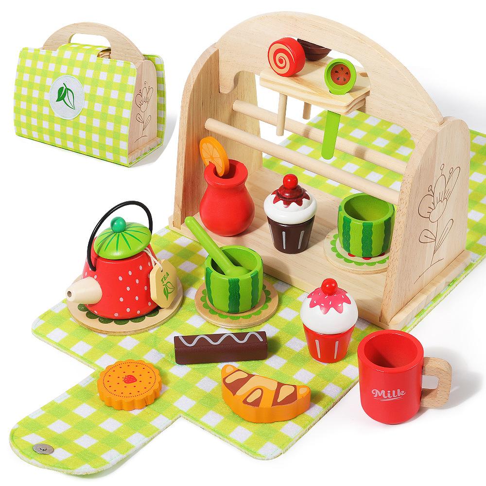 

Wooden Afternoon Tea Ice Cream Dessert Simulation Tea Set Portable Box Toddler Playing Home Educational Toys