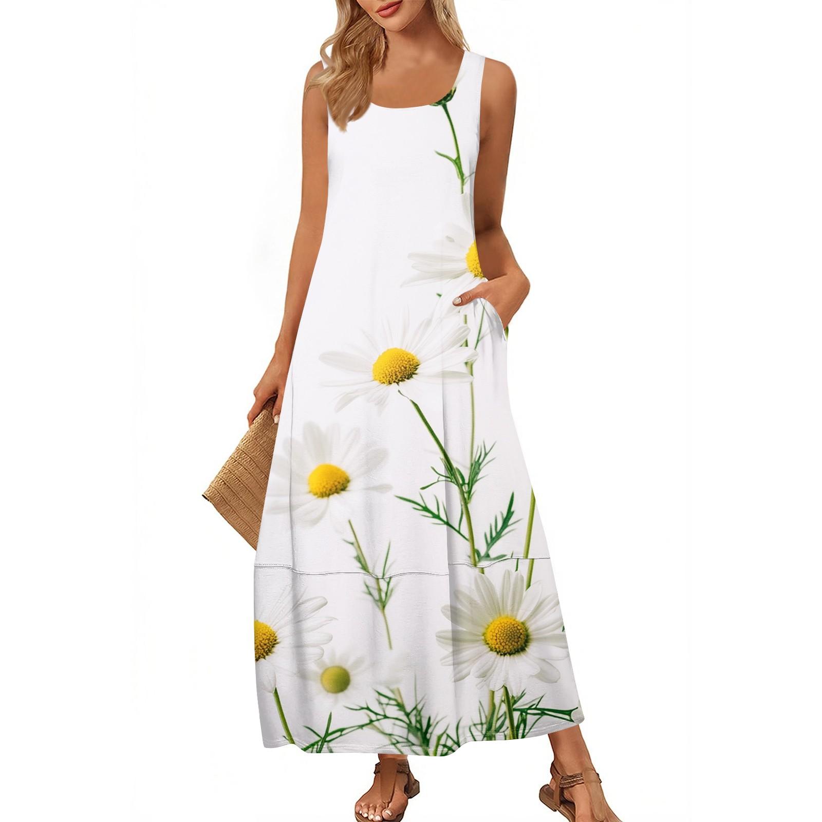 

Женский повседневный сарафан длиной до пола, летнее пляжное платье, круглый вырез, без рукавов, свободный сарафан с принтом XL белый