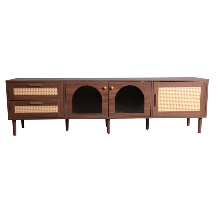 Meuble TV 180cm avec éclairage LED - 2 tiroirs en rotin et 3 portes - Marron