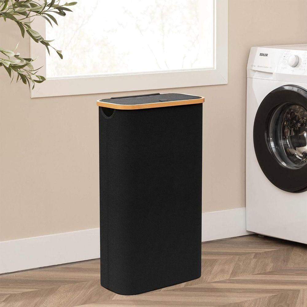 Collapsible Slim Laundry Hamper with Lid Bamboo Handles Removable Inner Bag Clothes Basket Bin Foldable Freestanding