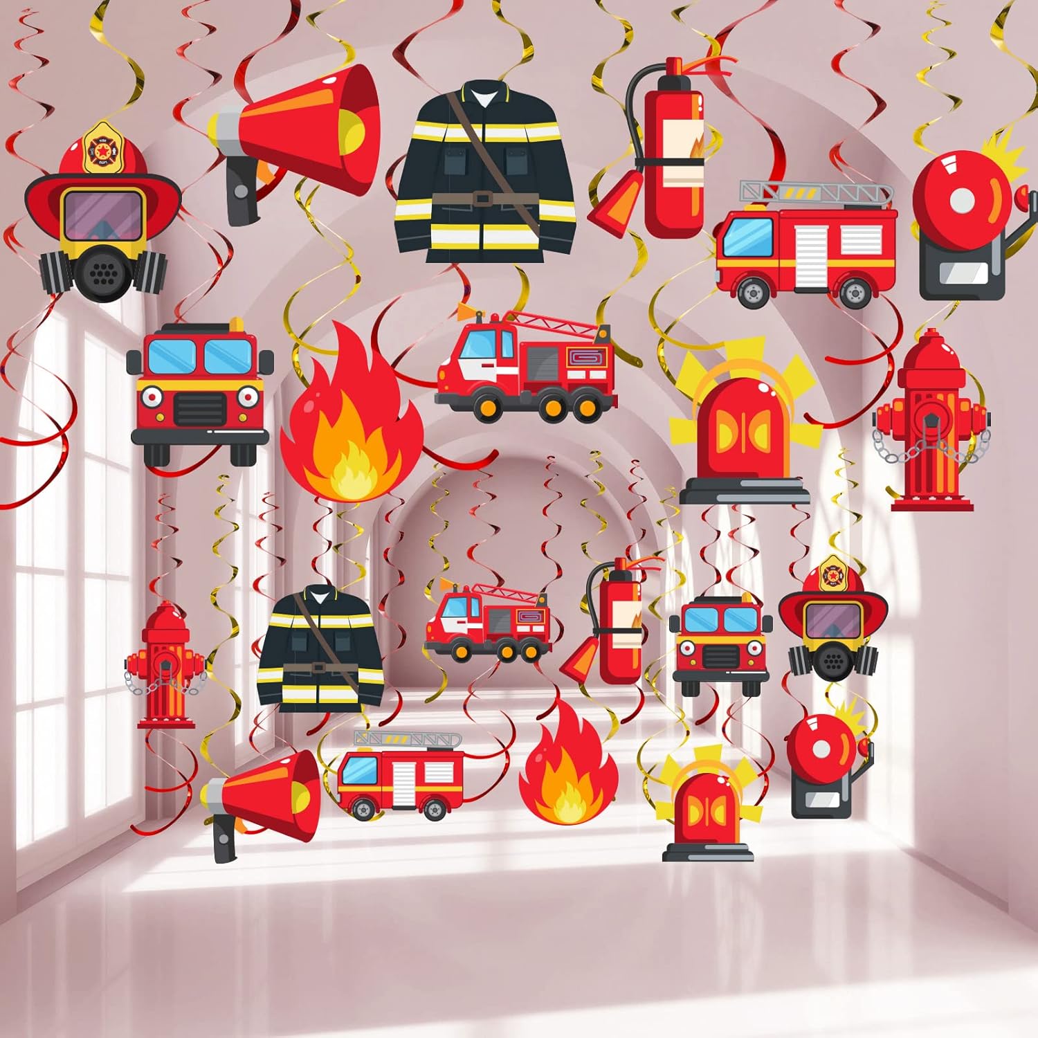 Faccito 30 Pieces Fire Truck Hanging Swirl Decorations Firetruck Birthday Decorations Firefighter Party Favors Fire Truck Party Hanging Swirls for