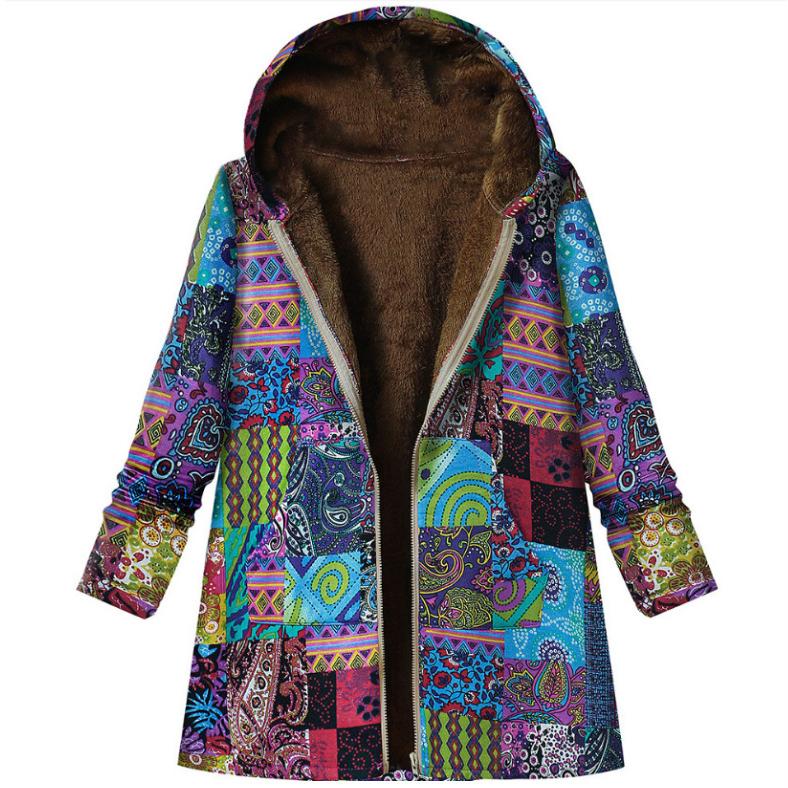 Printed Hooded Long Sleeve Coat Oversized Vintage Women Autumn Winter Warm Plush Jacket Casual