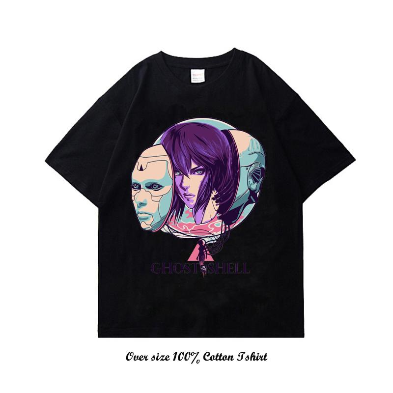90s Anime Ghost In The Shell Pánské tričko Potisk Vintage Streetwear Hip Hop Oblečení Krátký rukáv Nadměrné Ležérní Bavlněné tričko