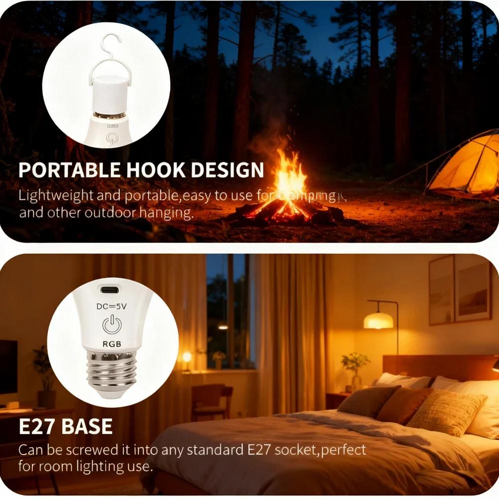HOMEFISH RGB/3 color USB Led Bulb Rechargeable Light Bulb Smart Bulb Dimmable E27 Bulbs with Timing Cordless Battery