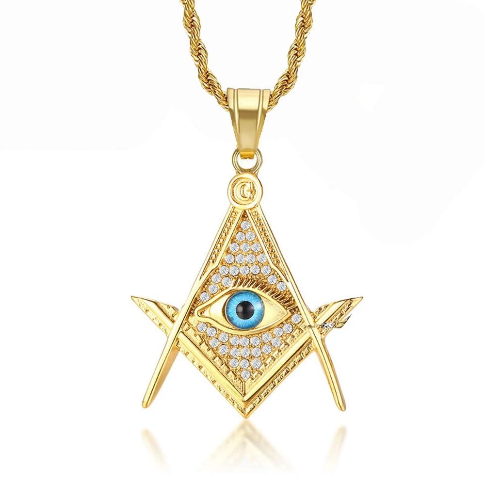 

Drop shipping Hip Hop Iced Out Masonic All-seeing Eye Pendant Necklace Chain Gold Color Stainless Steel Freemason Mason Jewelry 50cm