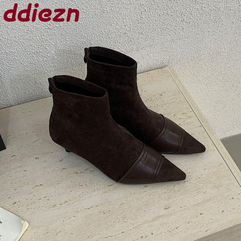Fashion Modern Ladies Ankle Boots With Heel Shoes Pointed Toe Fashion Flock Elegant Women Short Boots Female Zippers Shoes Pumps