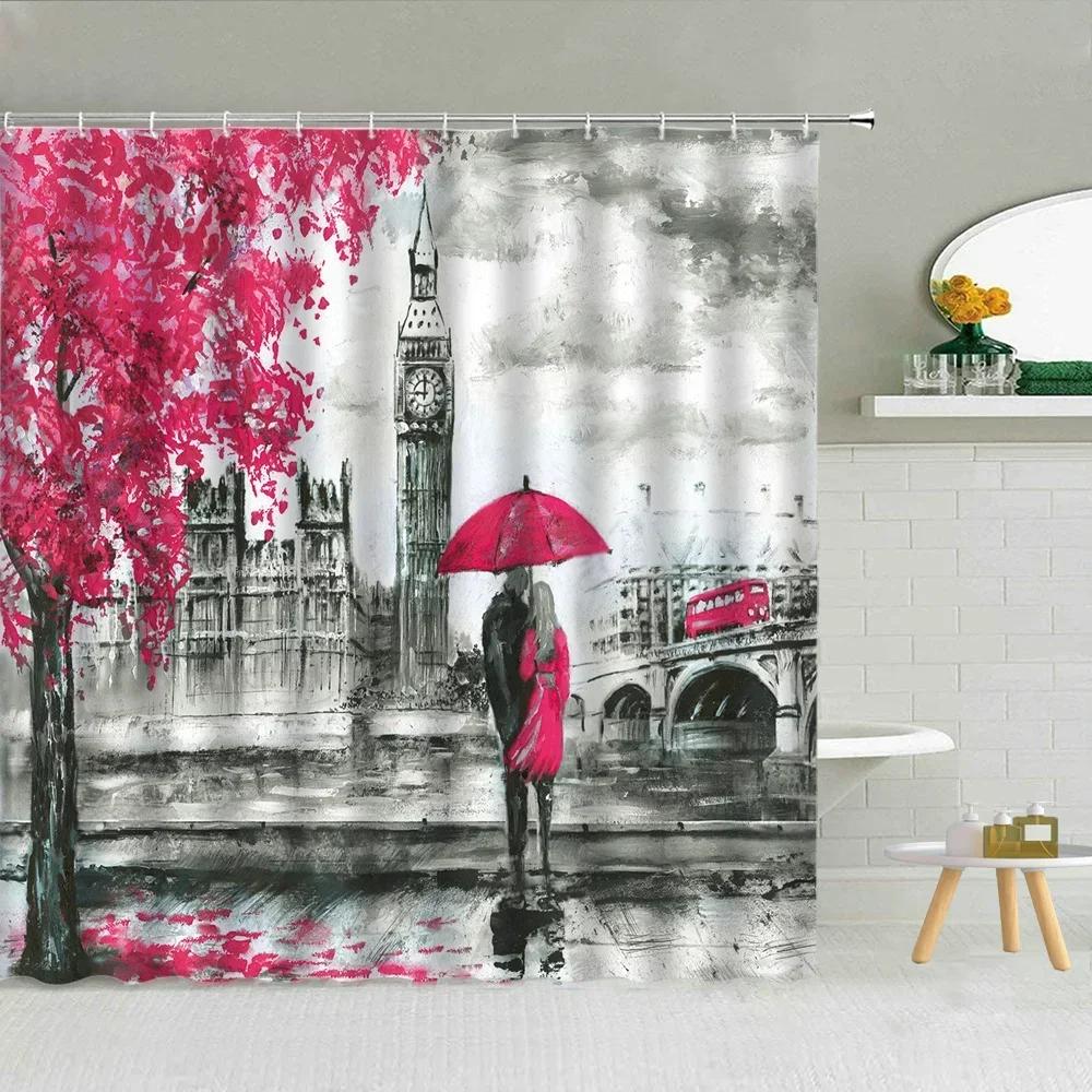 Architektura Londynu Widok Ulicy Zasłony Prysznicowe Zakochani Big Ben Czerwona Budka Telefoniczna Most Wodoodporna Tkanina Dekoracja Łazienki Curta