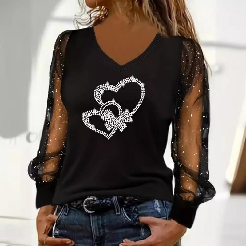 European American New Women s Clothes Hot Drilling Top Long-sleeved T-shirt Women M
