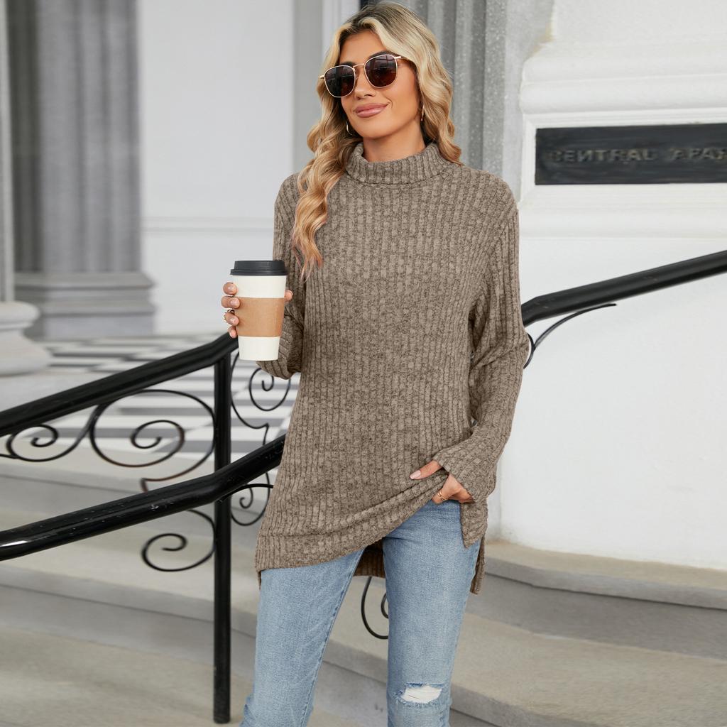 Women S High Neck Loose Long Sleeve Split T Shirt Top
