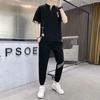 Traje casual de dos piezas de seda de hielo para hombre, pantalones de nueve puntos de verano, camiseta deportiva de manga corta bordada