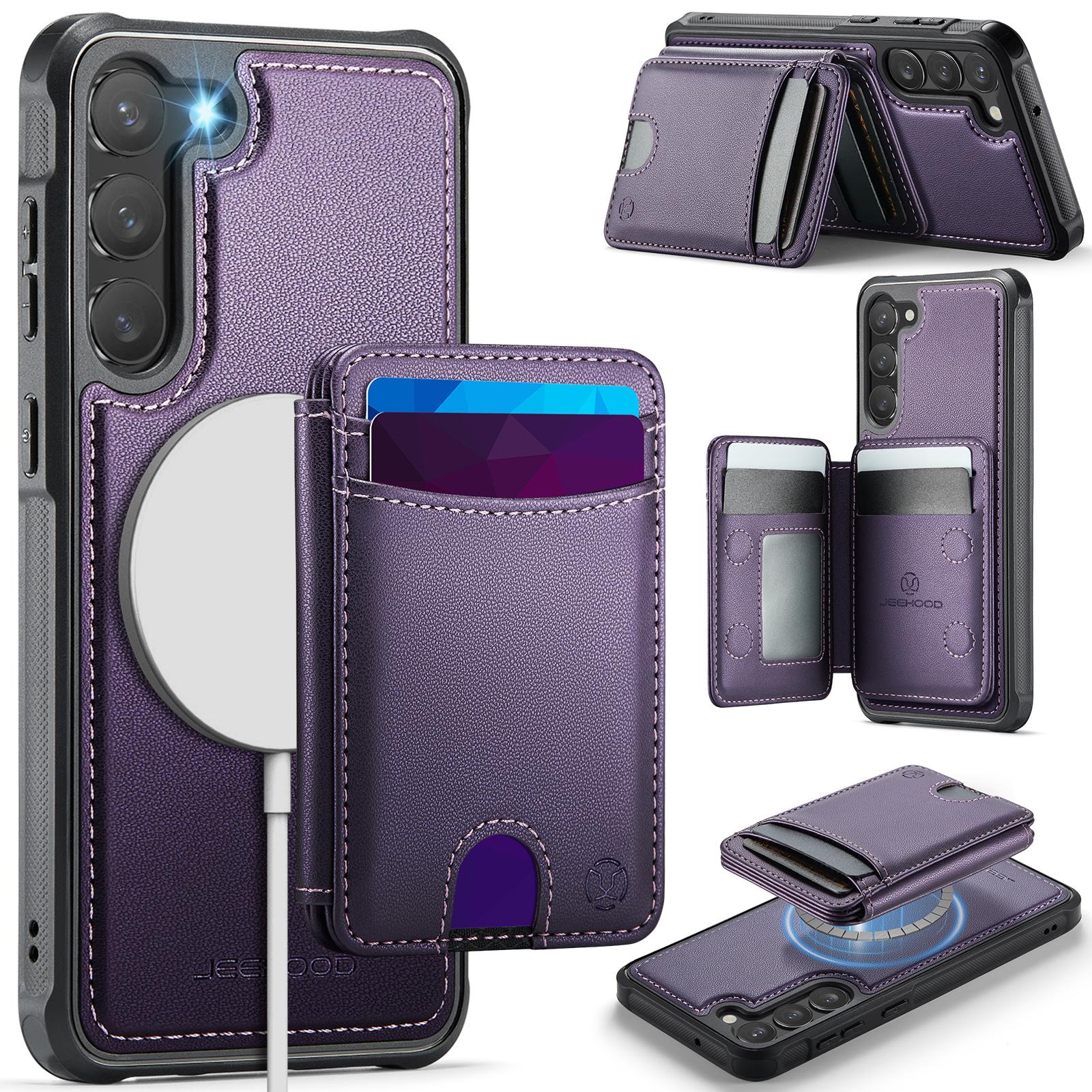 

For Samsung Galaxy S23 Magnetic Case JEEHOOD J10 Leather Back Phone Cover with Detachable Card Holder Kickstand