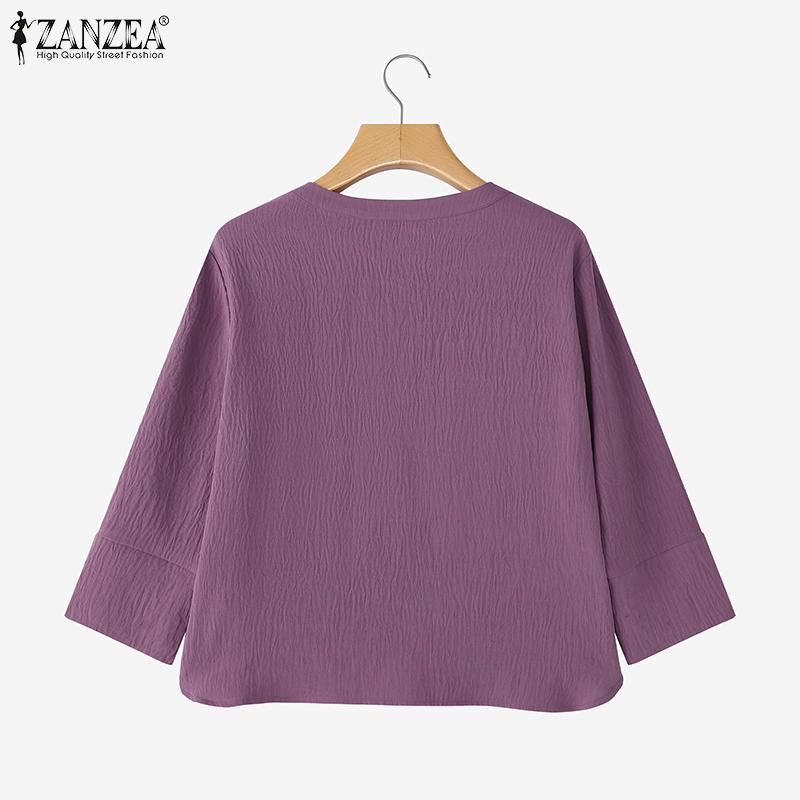ZANZEA Women Casual Round Neck Loose 3/4 Sleeve Blouse
