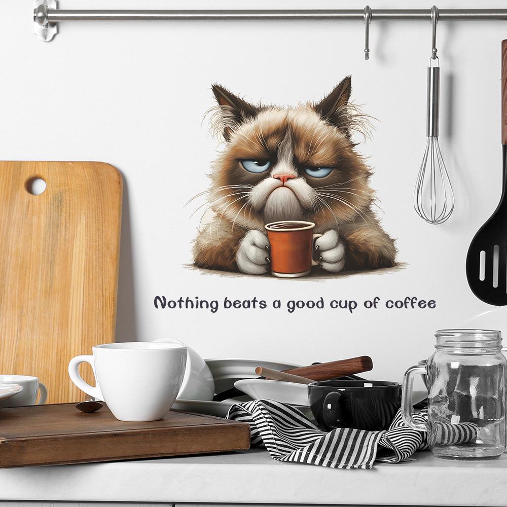 Self-adhesive Wall Stickers Cartoon Cat Coffee English Slogan for Restaurant Kitchen Cafe Home Decor