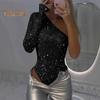 Women Sexy Sequin Bodysuit Long Sleeve One Shoulder Tube Top Jumpsuit Ladies Skinny One Piece Romper Playsuit for Parties Clubs Bars