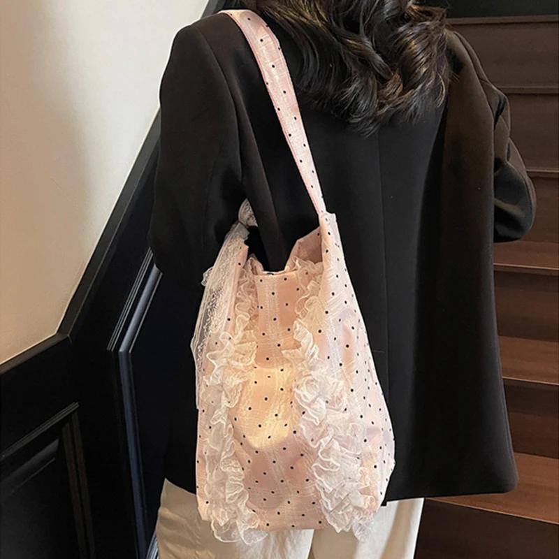Sweet and Western Canvas Bag for Women Bucket Bag New Summer Style Wave Point Tote Large Capacity Versatile Single Shoulder