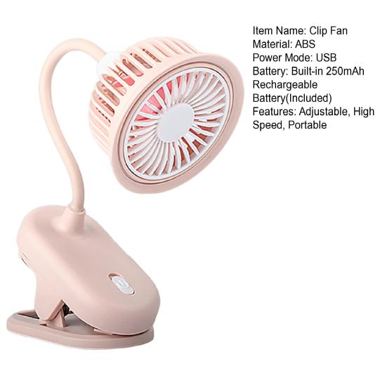 Mini Clip-on Desk Fan with Flexible Neck 360 Degree Adjustable USB Rechargeable Summer