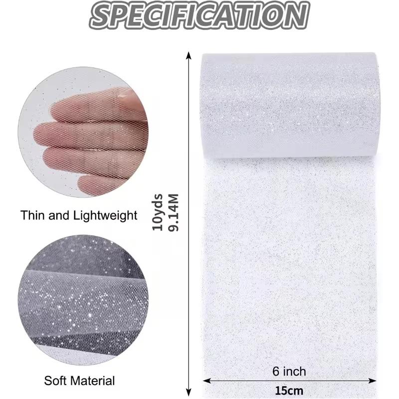 Glitter Tulle Fabric Roll 6 Inch 10 Yards Sequin Sparkling Ribbon Spool Netting for Wedding Tutu Skirt Gift Wrapping Party Decor