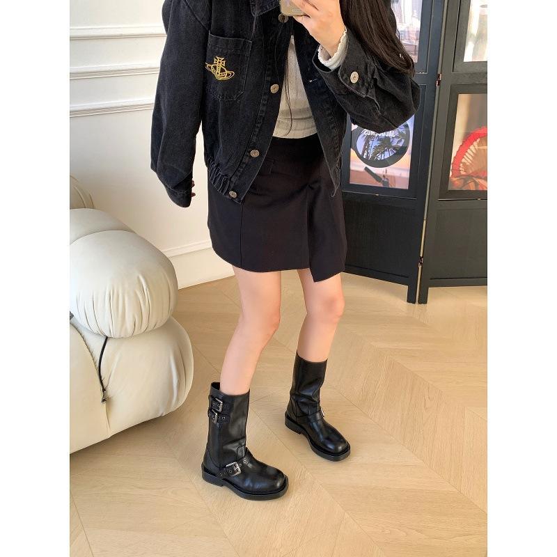 Cowhide version washed horseskin cigarette boots thin buckle short boots women's heightened thick-soled thin boots spring and autumn knight boots