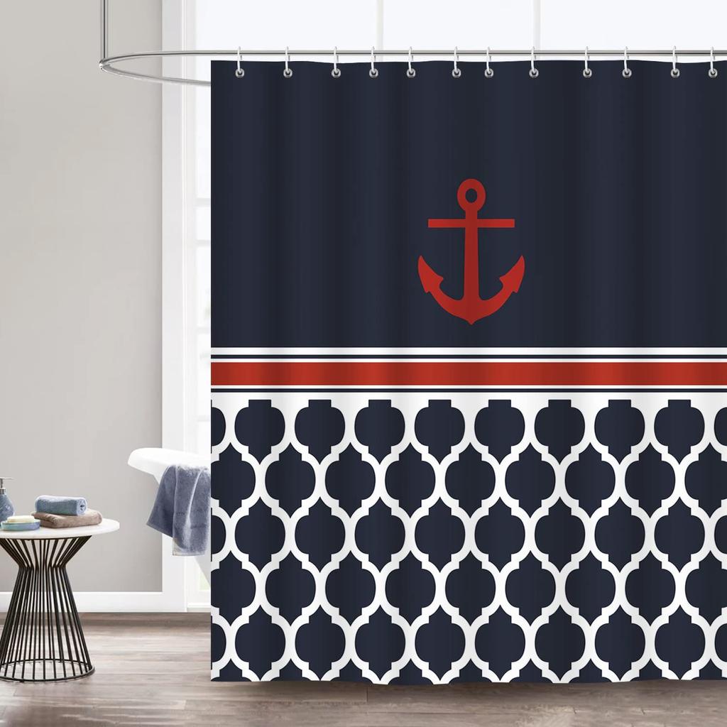 Nautical Striped Shower Curtain Navy Anchor Bathroom Curtain Polyester Fabric Waterproof Shower Curtain Set With Hook